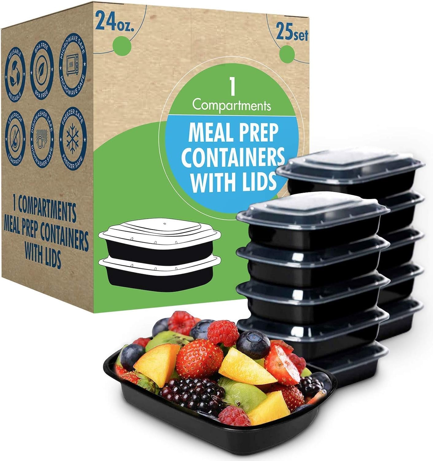 Meal Prep Container Reusable with Lids [25 Set] 24Oz. Ideal-Food Prep Containers, Food Storage Bento Box, Portion Control | Stackable | Microwave | Dishwasher | Freezer Safe