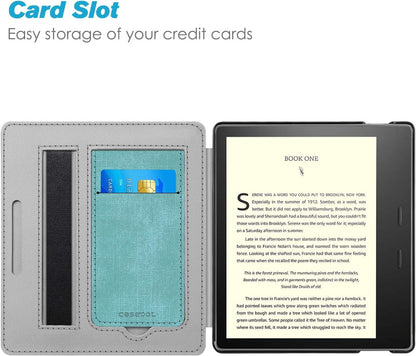 Stand Case for 7" Kindle Oasis 10Th/9Th Gen 2019/2017, Turquoise | Foldable Kickstand PU Leather Hard Back Shell Cover, Built-In Card Slot and Hand Strap, Auto Sleep/Wake