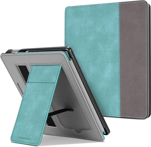 Stand Case for 7" Kindle Oasis 10Th/9Th Gen 2019/2017, Turquoise | Foldable Kickstand PU Leather Hard Back Shell Cover, Built-In Card Slot and Hand Strap, Auto Sleep/Wake